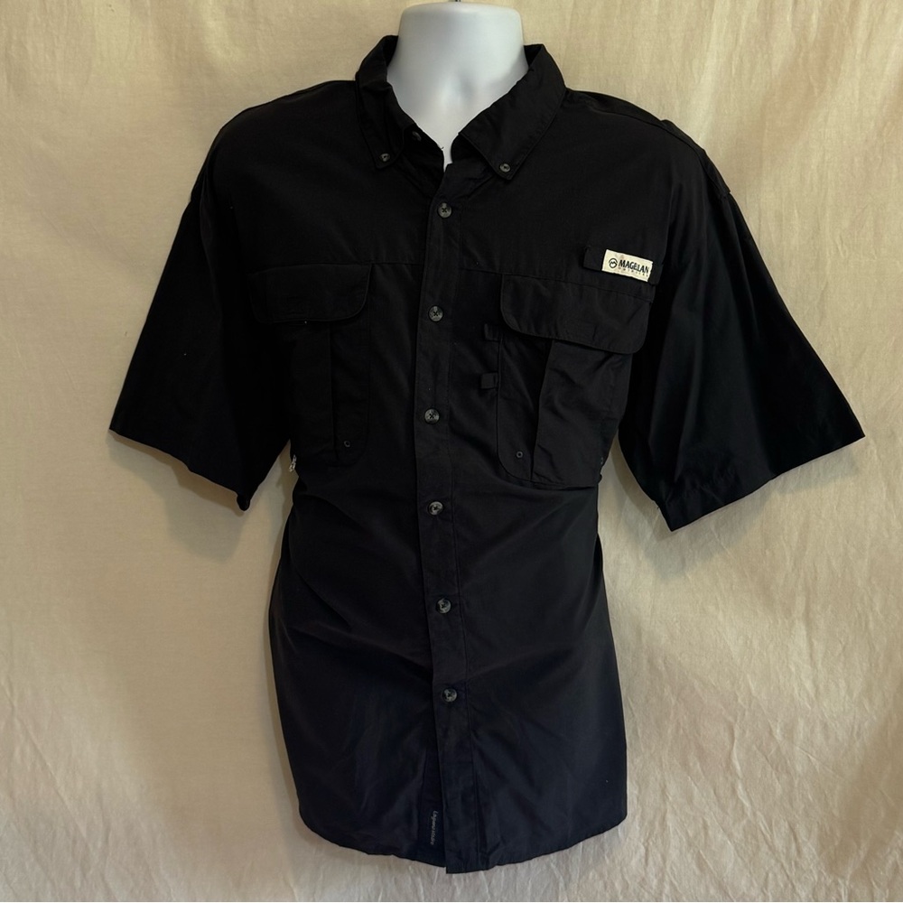 I-5 Men’s Magellan Fish Gear Black Short Sleeve Casual Button Down Shirt‎ Size L